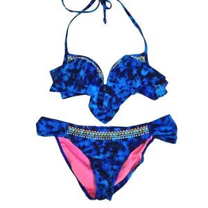 Victoria's Secret PINK Bikini Blue Tie Dye Size XS Top and Medium Bottoms